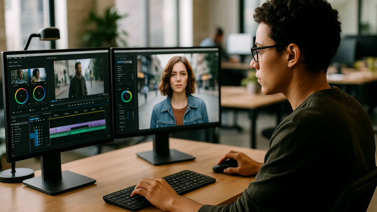 A person focused on computer screens showing video editing and AI-generated clips in a modern office setup.
