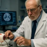 A researcher adjusts a neural stimulation device linked to an optic nerve model in a clinical lab setting with scientific tools and monitors visible.