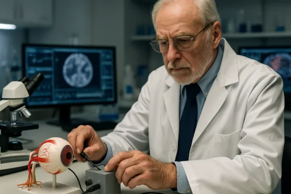 A researcher adjusts a neural stimulation device linked to an optic nerve model in a clinical lab setting with scientific tools and monitors visible.
