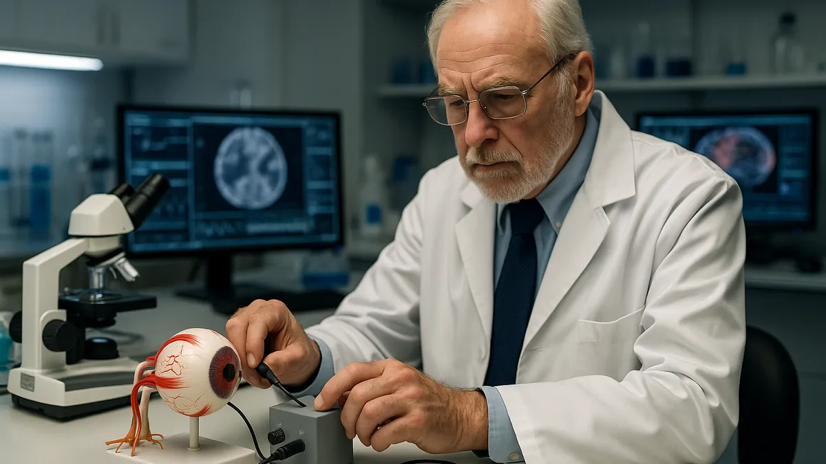 A researcher adjusts a neural stimulation device linked to an optic nerve model in a clinical lab setting with scientific tools and monitors visible.