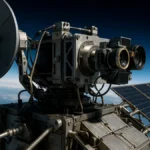 A satellite communication terminal mounted on a spacecraft with Earth visible in the background, showing detailed laser communication hardware.