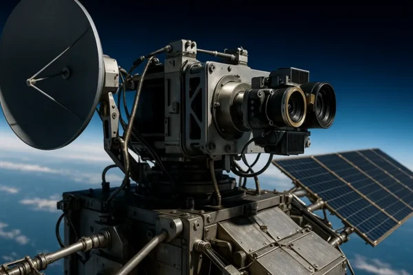 A satellite communication terminal mounted on a spacecraft with Earth visible in the background, showing detailed laser communication hardware.