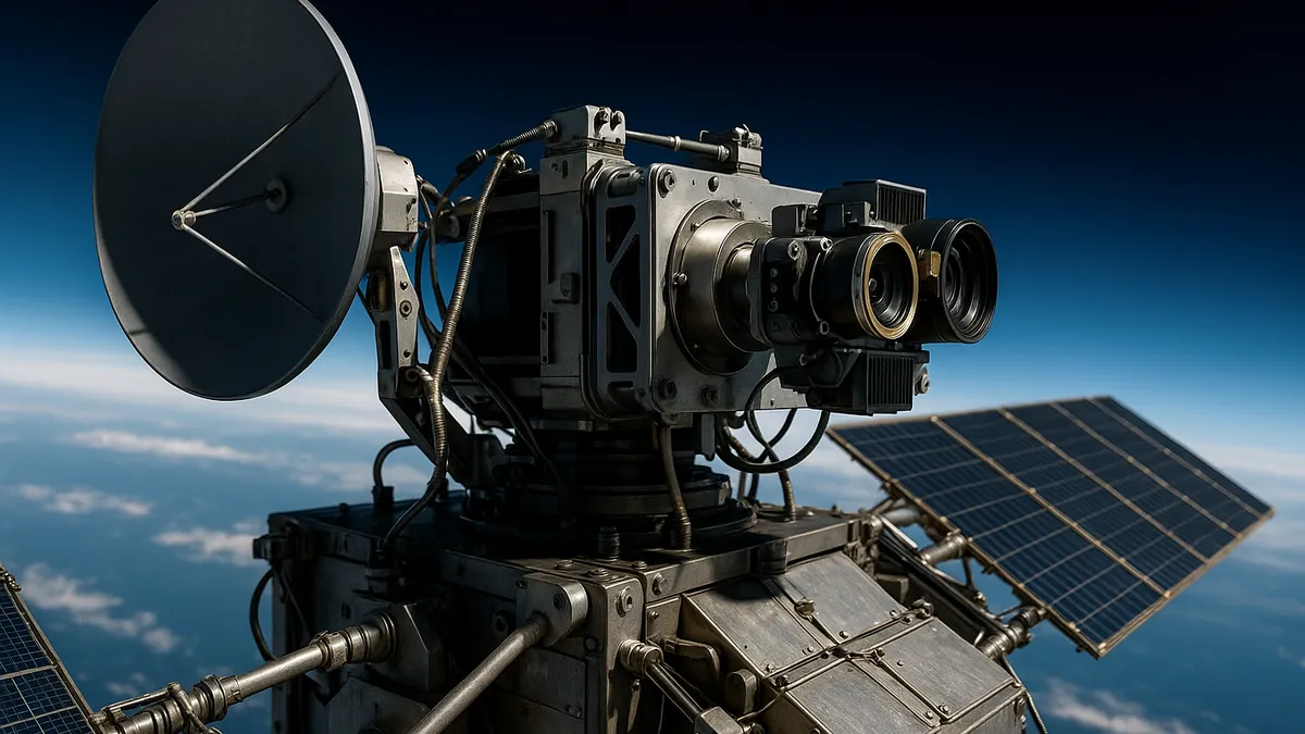 A satellite communication terminal mounted on a spacecraft with Earth visible in the background, showing detailed laser communication hardware.
