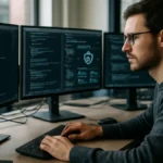 A software developer at a desk with multiple monitors showing code and security tools in a well-lit office environment.