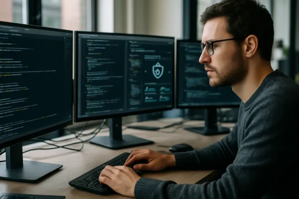 A software developer at a desk with multiple monitors showing code and security tools in a well-lit office environment.