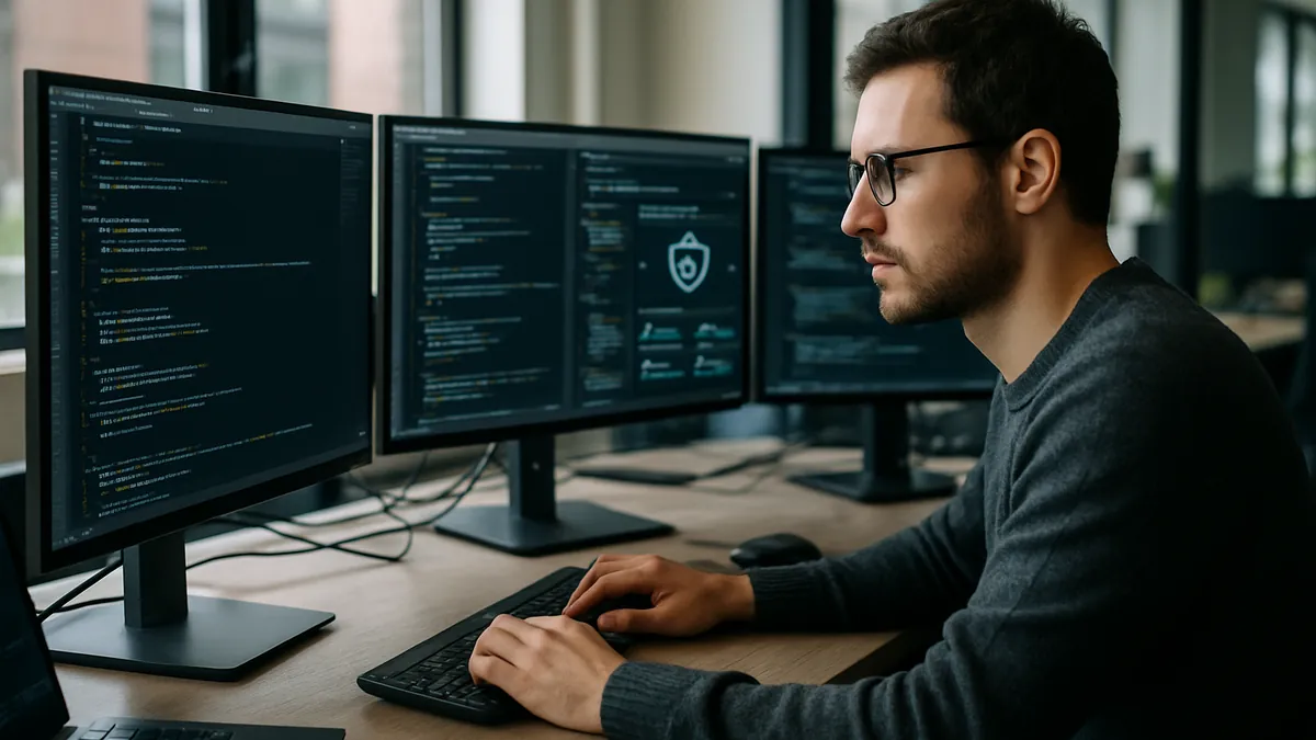 A software developer at a desk with multiple monitors showing code and security tools in a well-lit office environment.