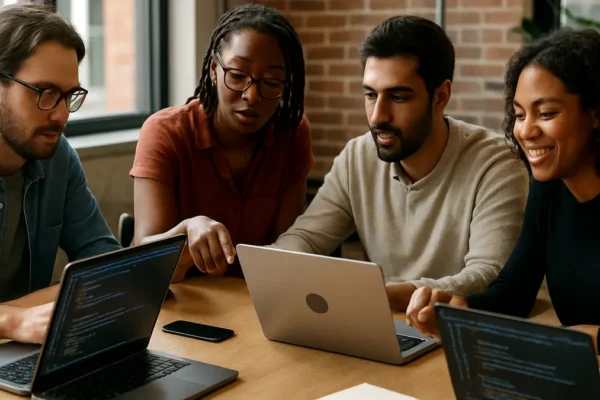 A software development team collaborating around a table with laptops and digital devices in a modern office setting