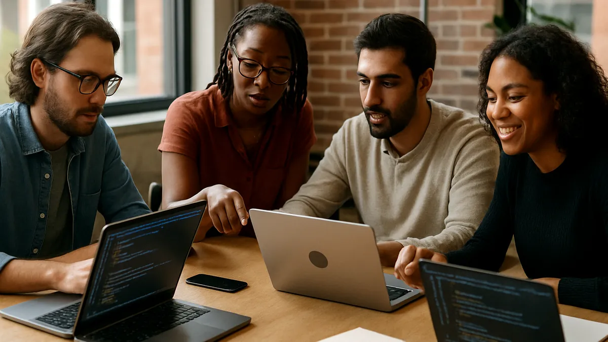 A software development team collaborating around a table with laptops and digital devices in a modern office setting