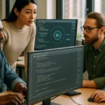 A software development team working together with computers displaying coding and AI interfaces in a bright modern office