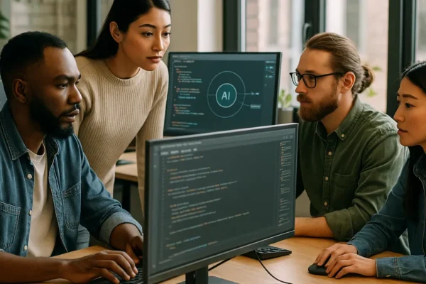 A software development team working together with computers displaying coding and AI interfaces in a bright modern office