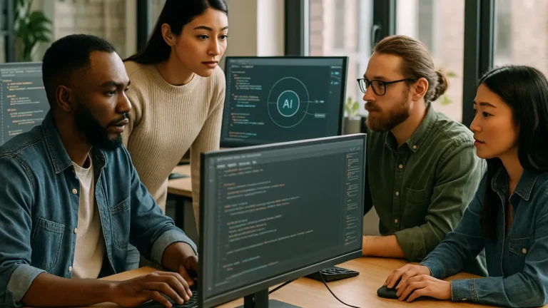 A software development team working together with computers displaying coding and AI interfaces in a bright modern office