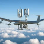 A solar-powered stratospheric platform with cellular antennas flying above clouds in daylight under a clear blue sky.