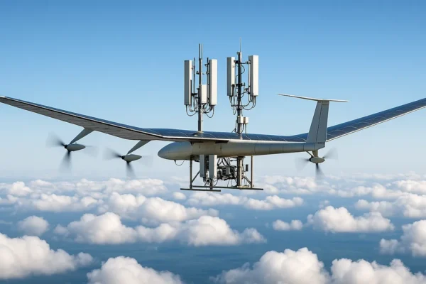 A solar-powered stratospheric platform with cellular antennas flying above clouds in daylight under a clear blue sky.