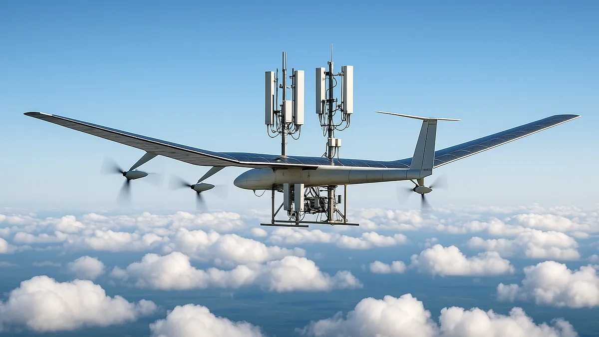 A solar-powered stratospheric platform with cellular antennas flying above clouds in daylight under a clear blue sky.