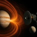A spacecraft orbiting Jupiter with visible glowing radiation belts around the planet, illustrating the intense magnetosphere environment.