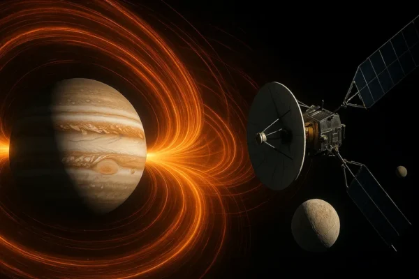 A spacecraft orbiting Jupiter with visible glowing radiation belts around the planet, illustrating the intense magnetosphere environment.