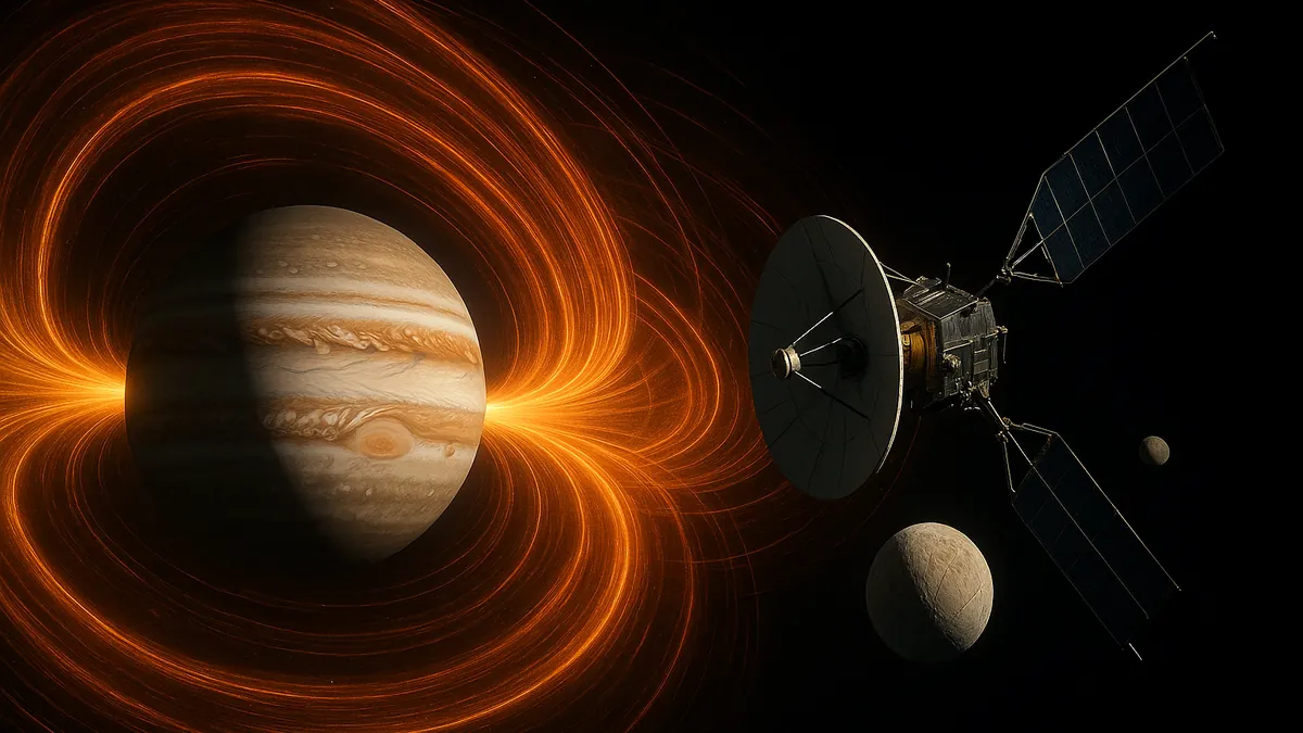 A spacecraft orbiting Jupiter with visible glowing radiation belts around the planet, illustrating the intense magnetosphere environment.