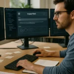 An AI developer at a desk with multiple monitors showing code and AI interfaces in a bright office setting.