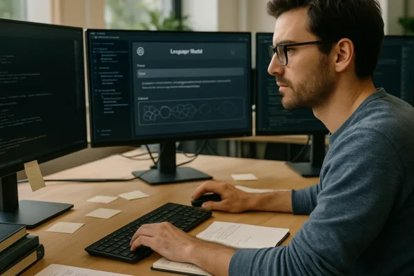 An AI developer at a desk with multiple monitors showing code and AI interfaces in a bright office setting.