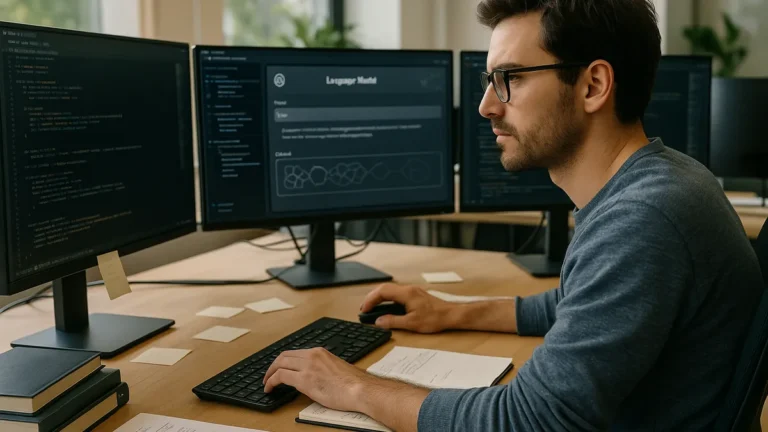 An AI developer at a desk with multiple monitors showing code and AI interfaces in a bright office setting.