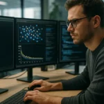 An AI researcher studies multiple screens showing AI training data and code in a modern office setting.