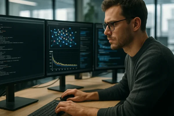 An AI researcher studies multiple screens showing AI training data and code in a modern office setting.