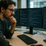 An AI researcher studying complex algorithm data on multiple screens in a modern office setting with natural light.