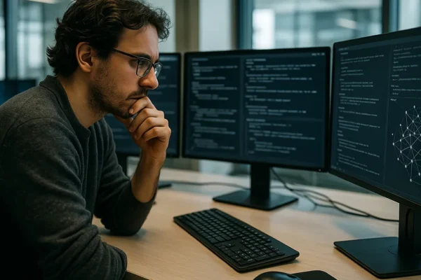 An AI researcher studying complex algorithm data on multiple screens in a modern office setting with natural light.