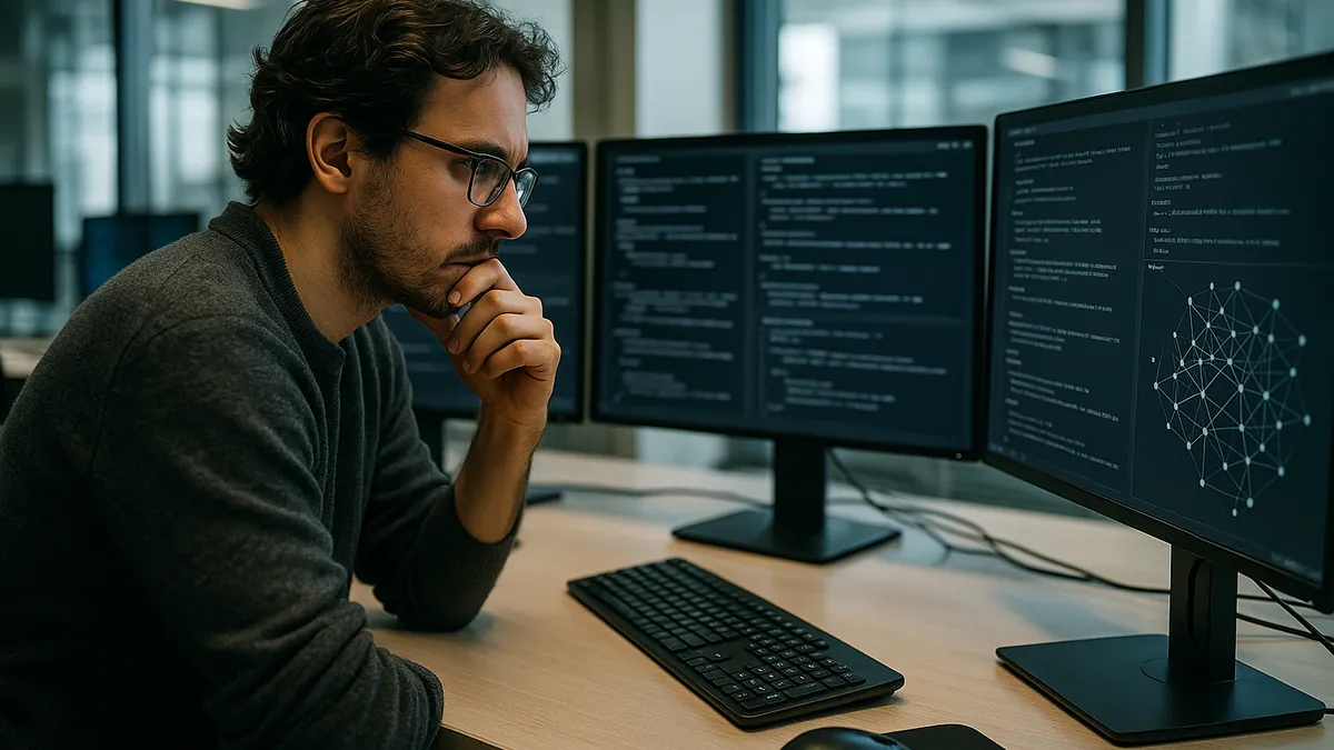 An AI researcher studying complex algorithm data on multiple screens in a modern office setting with natural light.