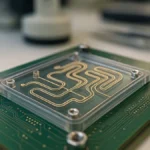 Close-up of a lab-on-PCB microfluidic device showing printed circuit board and fluidic channels on a lab bench with scientific tools in the background.