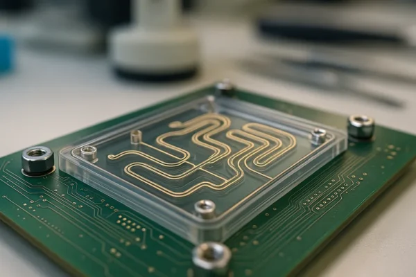 Close-up of a lab-on-PCB microfluidic device showing printed circuit board and fluidic channels on a lab bench with scientific tools in the background.