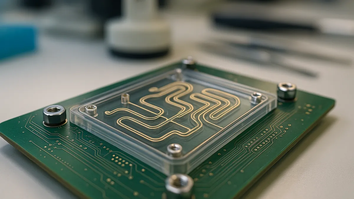 Close-up of a lab-on-PCB microfluidic device showing printed circuit board and fluidic channels on a lab bench with scientific tools in the background.
