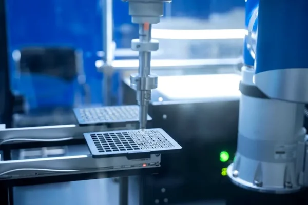 Close-up of robotic arm automating lab processes with precision.