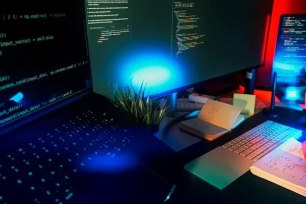 Computer screens displaying code with neon lighting.