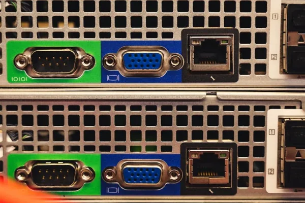 Detailed view of Ethernet and VGA ports on a server highlighting connectivity features.