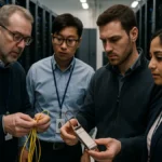 Engineers inspecting fiber optic cables and silicon photonics modules inside a busy data center server room.