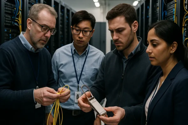 Engineers inspecting fiber optic cables and silicon photonics modules inside a busy data center server room.