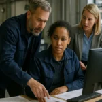 Industrial office workers collaborating at desks with computers and documents in a manufacturing company office.