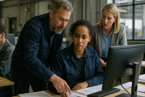 Industrial office workers collaborating at desks with computers and documents in a manufacturing company office.