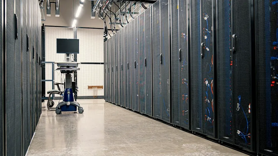 Modern data center corridor with server racks and computer equipment. Ideal for technology and IT concepts.