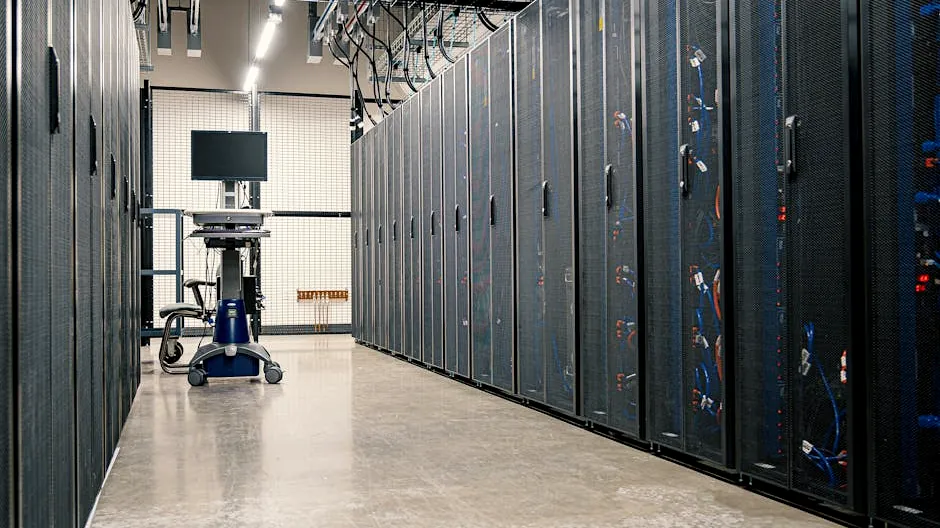 Modern data center corridor with server racks and computer equipment. Ideal for technology and IT concepts.