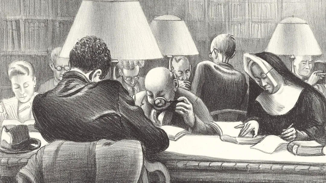 People studying under lamps in a library