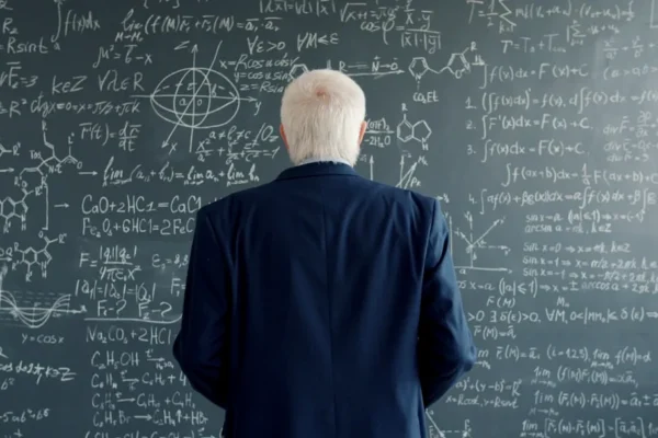 Professor studies complex formulas on a blackboard.