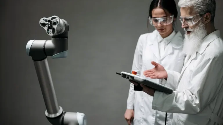 Researchers in lab coats and safety glasses engaging with a robotic arm in a lab setting.