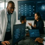 Scientists and engineers collaborating in a modern AI research lab with computers and data screens visible.