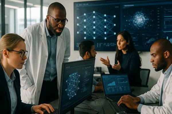 Scientists and engineers collaborating in a modern AI research lab with computers and data screens visible.