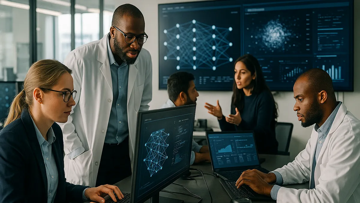 Scientists and engineers collaborating in a modern AI research lab with computers and data screens visible.