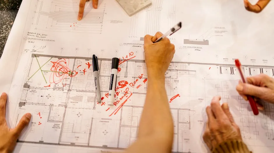 Team working together on architectural blueprints, marking plans with red ink.