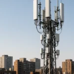 Telecommunications tower with antennas and small cells in an urban area under clear sky, representing advanced wireless infrastructure.