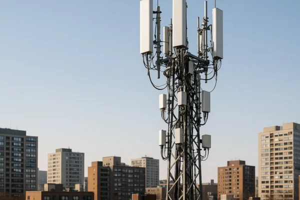 Telecommunications tower with antennas and small cells in an urban area under clear sky, representing advanced wireless infrastructure.